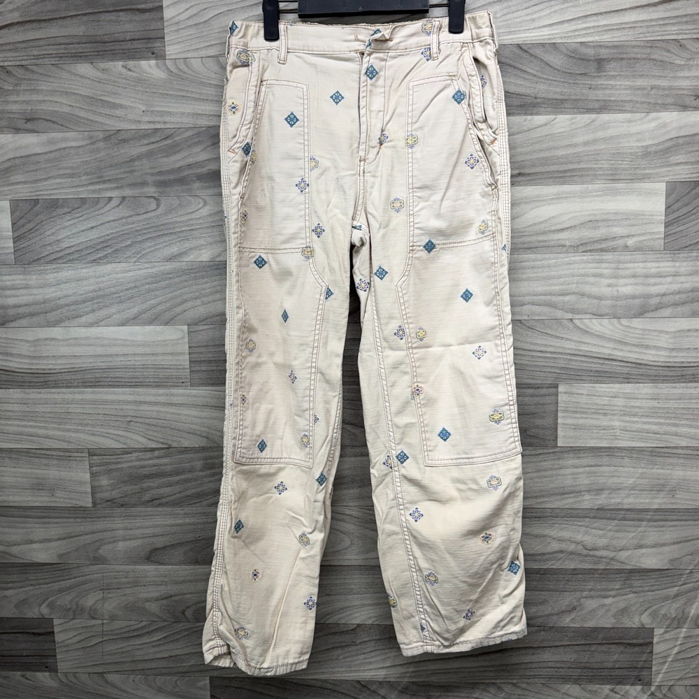 Pilcro Double Knee Pants Women 28‎ Beige Pinkish Embroidered Floral Slash Pocket